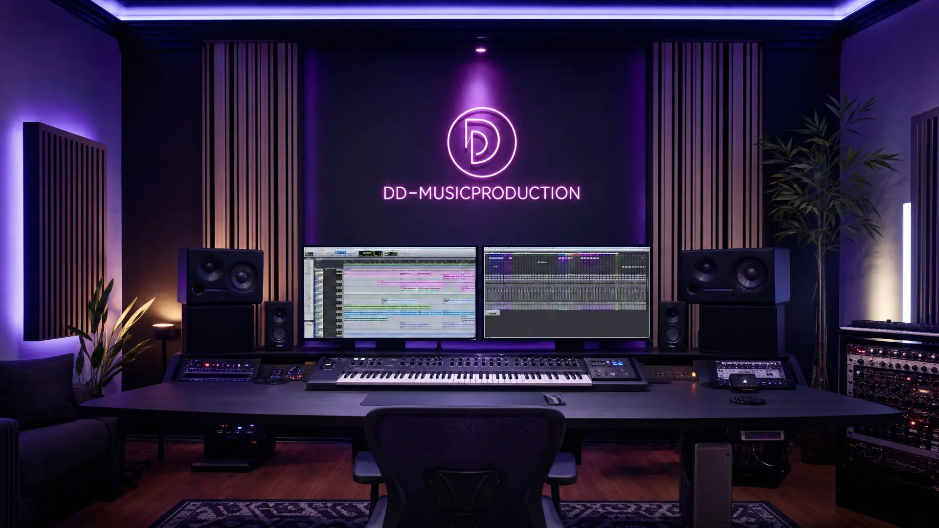 DD-Musicproduction Studio mit Neon-Logo, Mischpult und Monitoren